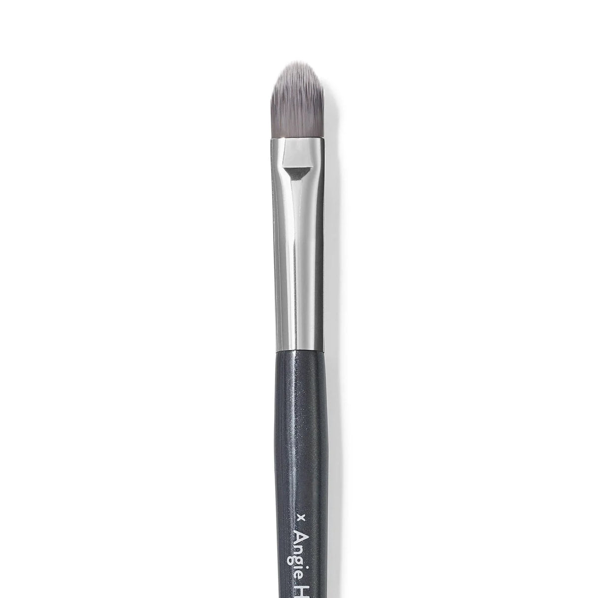 A slender, dark brush with a silver ferrule and a dense, grey-brown synthetic hair is shown vertically.