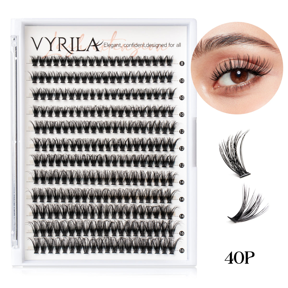 A display of black eyelash clusters for application, showing various lengths and styles.