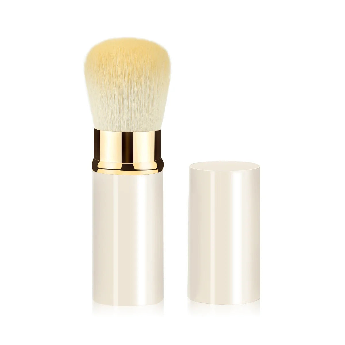 Un pinceau de maquillage à manche doré avec des poils blond clair et une boîte cylindrique assortie.