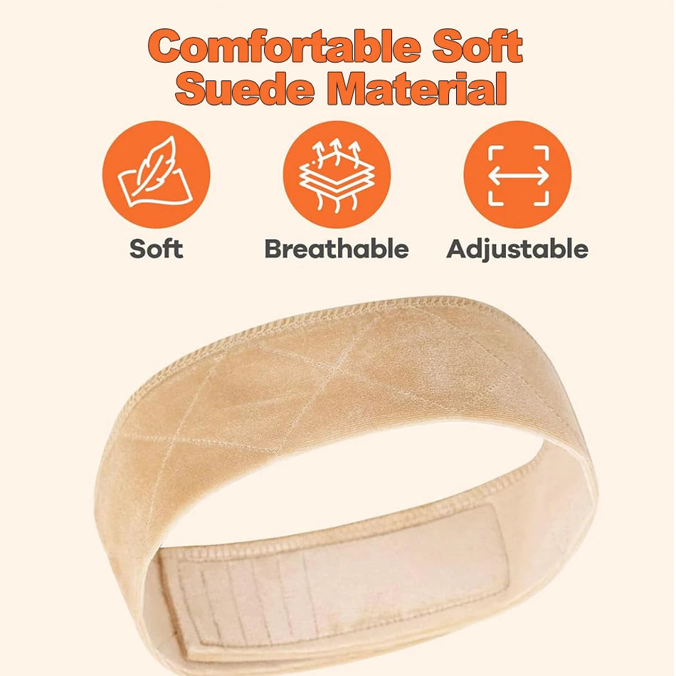A beige suede material headband for a wig grip, highlighting its soft, breathable, and adjustable features.
