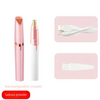 A pink and white rechargeable electric eyebrow trimmer and epilator with a gold tip and charging cable.