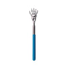 Stainless steel telescoping back massager with a hand-like grip and blue handle