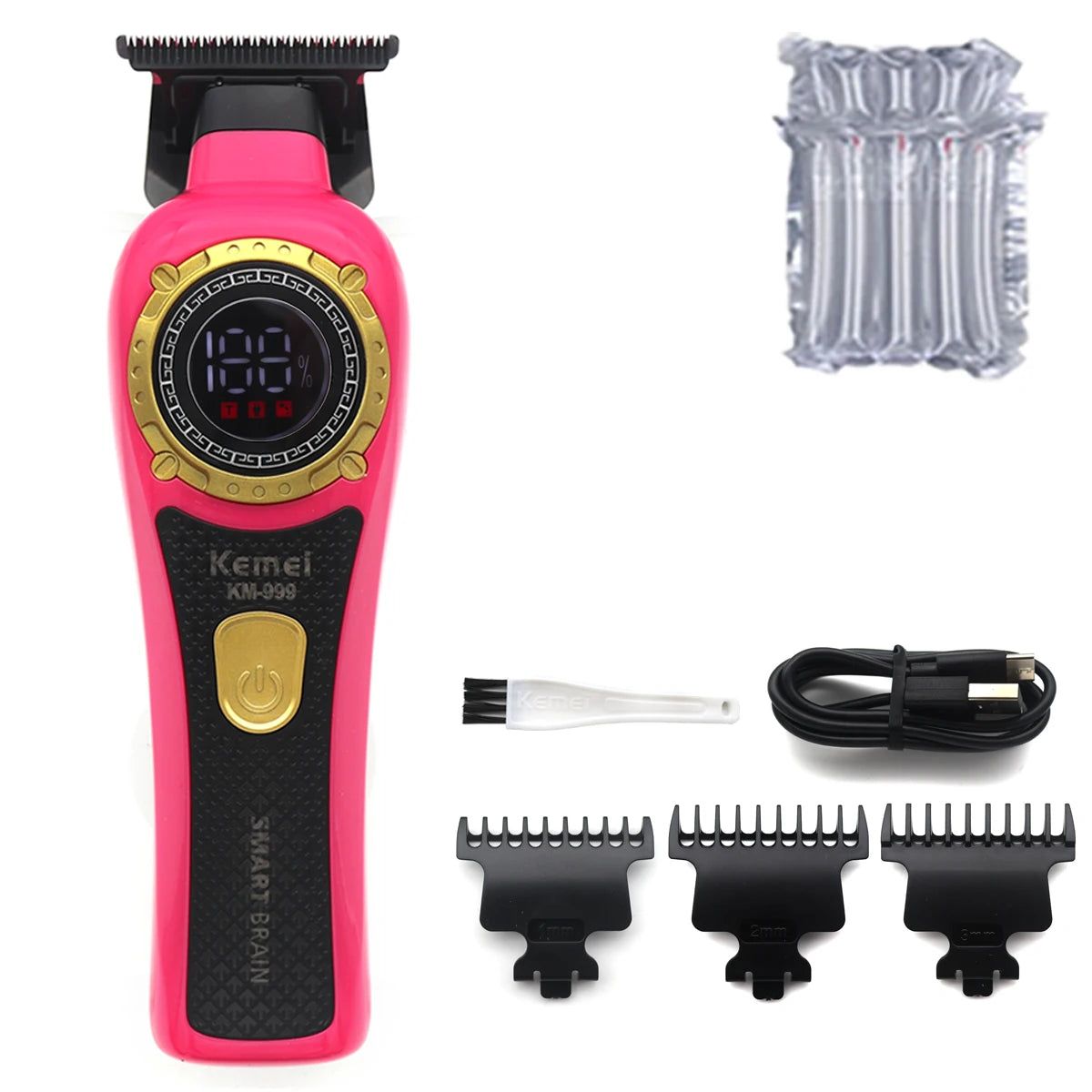 Pink cordless hair trimmer with LED display and multiple guard attachments