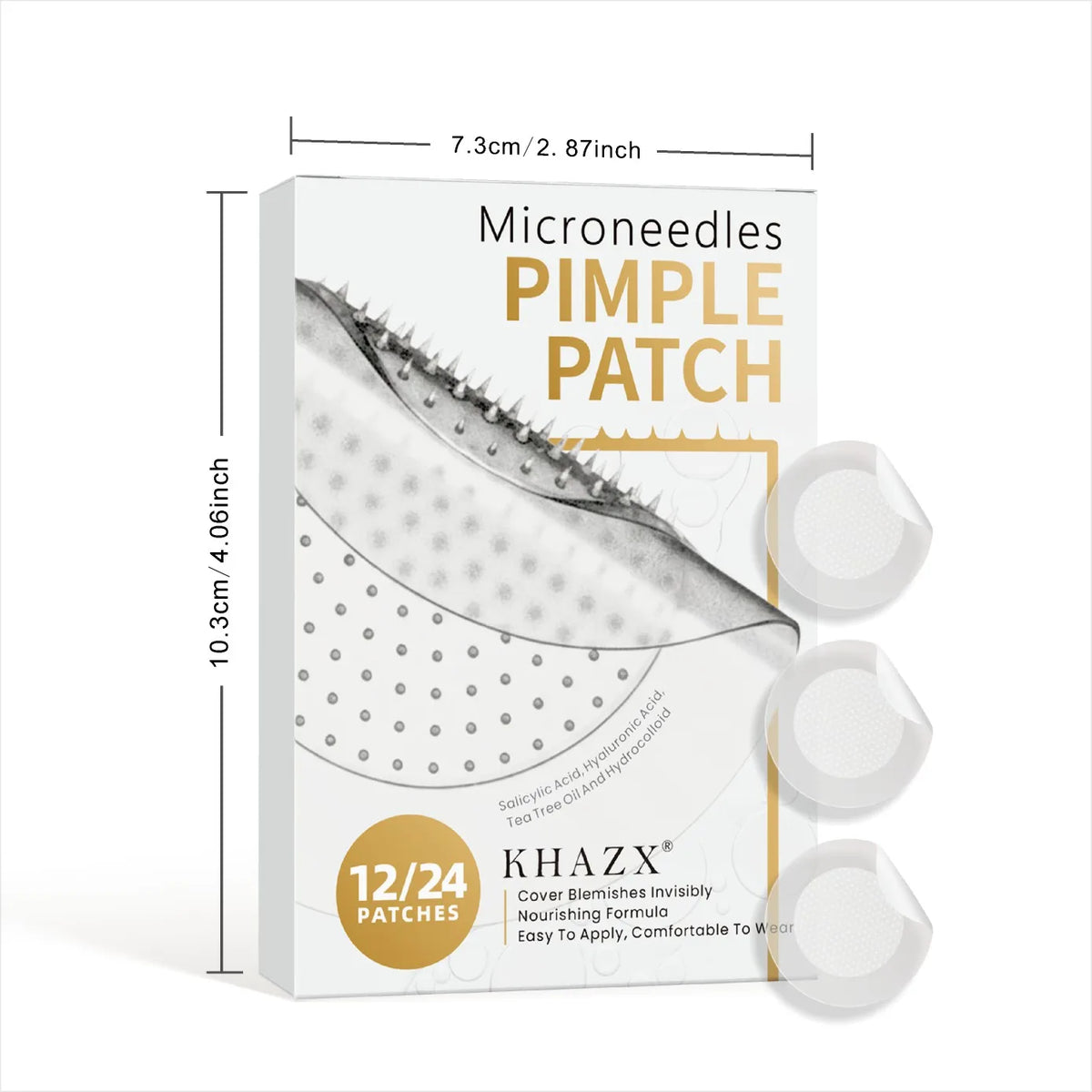 Box of Mizoneedles Pimple Patch hydrocolloid patches with dimensions 7.3cm by 2.8inch