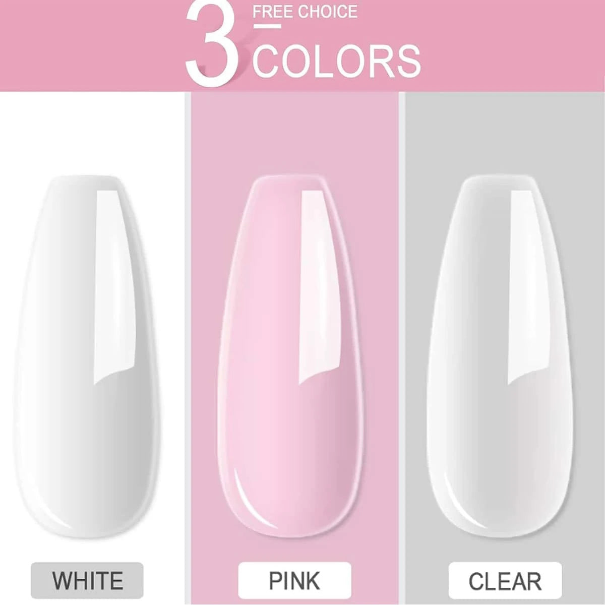 Three options for acrylic nail powder kit colors: white, pink, and clear.