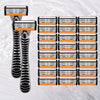 A precision multi-blade shaver with black and orange components is shown floating in water.