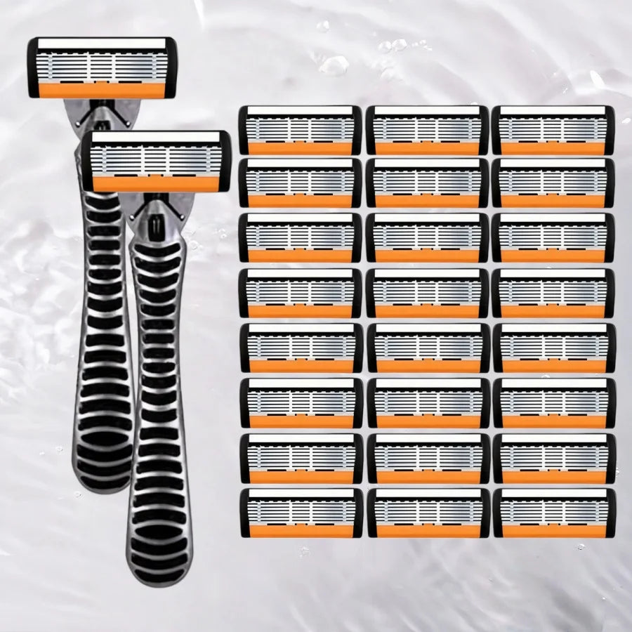 A precision multi-blade shaver with black and orange components is shown floating in water.