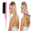 A woman models a pink hair styling brush set for easy hairstyles, showing the brushes and their use.