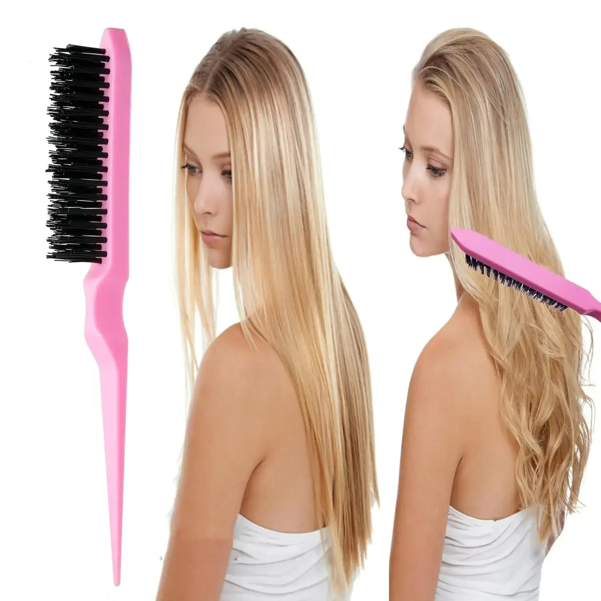 A woman models a pink hair styling brush set for easy hairstyles, showing the brushes and their use.