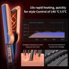 A close-up of a blue and rose gold hair straightener with an electronic display, demonstrating temperature control features.
