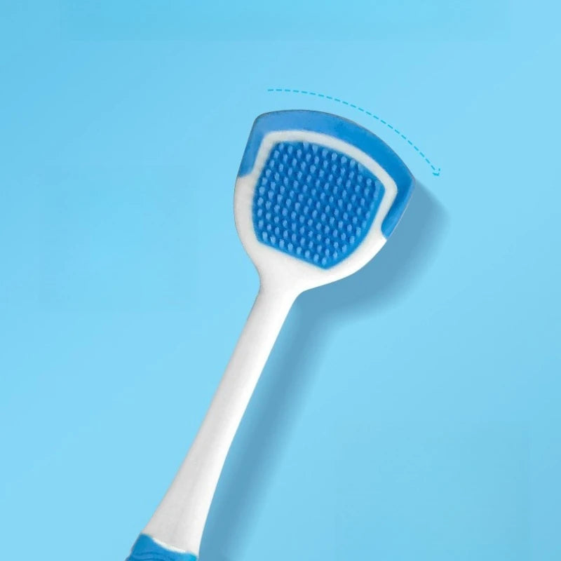 A blue silicone tongue scraper with a white handle is shown against a light blue background.