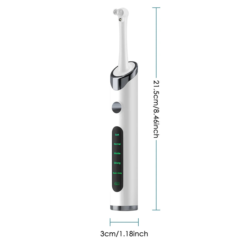 A white electric dental tooth polisher with a handle and five mode buttons.