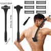 A multi-layer silicone back shaver razor is shown with various attachments and a user applying it to the back of a neck.