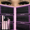 A close-up of a DIY reusable eyelash clusters kit showing various lash styles and colors.