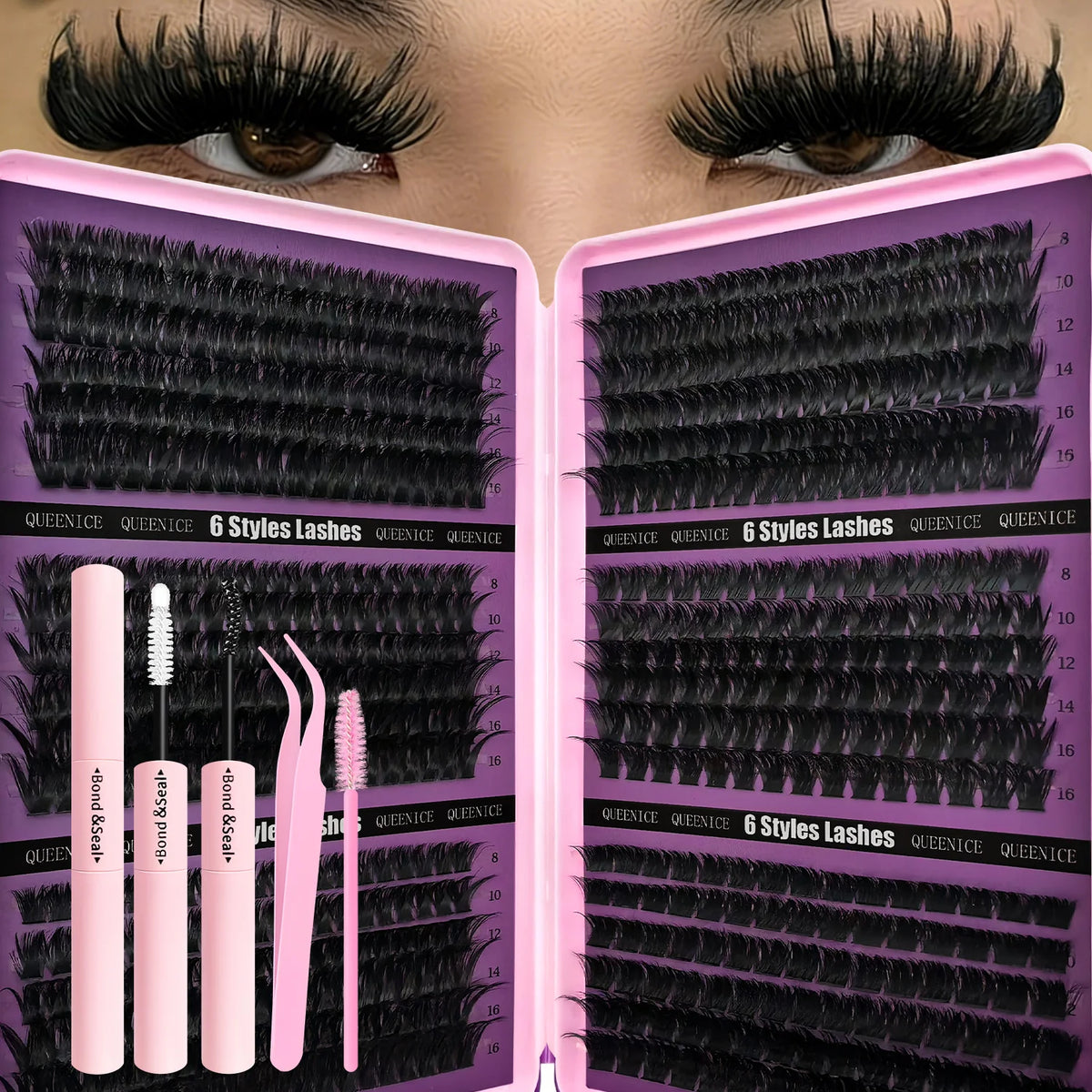 A close-up of a DIY reusable eyelash clusters kit showing various lash styles and colors.