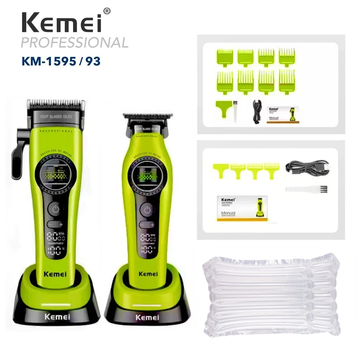 A lime green professional electric hair clipper, model KM-1595/93, shown with accessories and replacement blades.