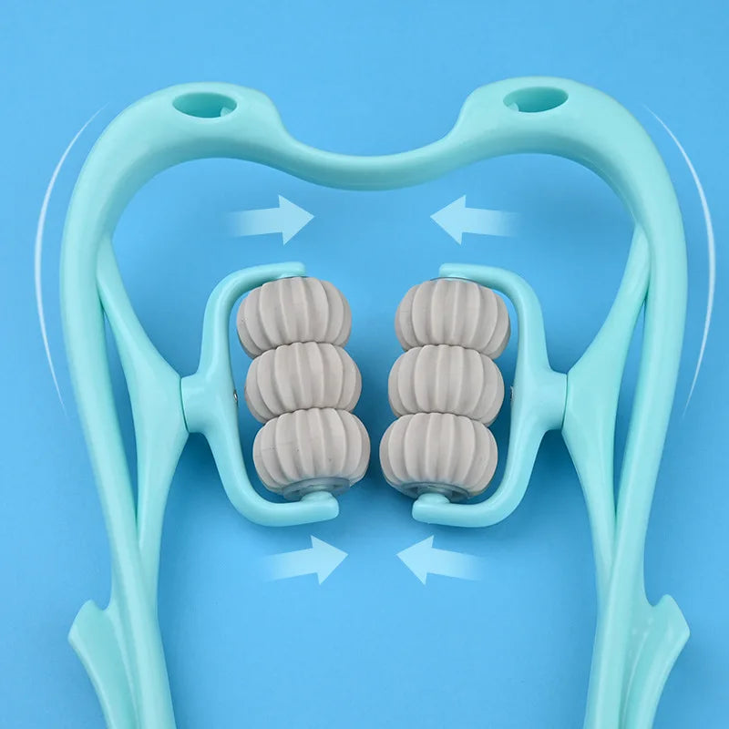 A light blue manual deep tissue neck and body massager tool is shown with its massage heads positioned on the upper back area