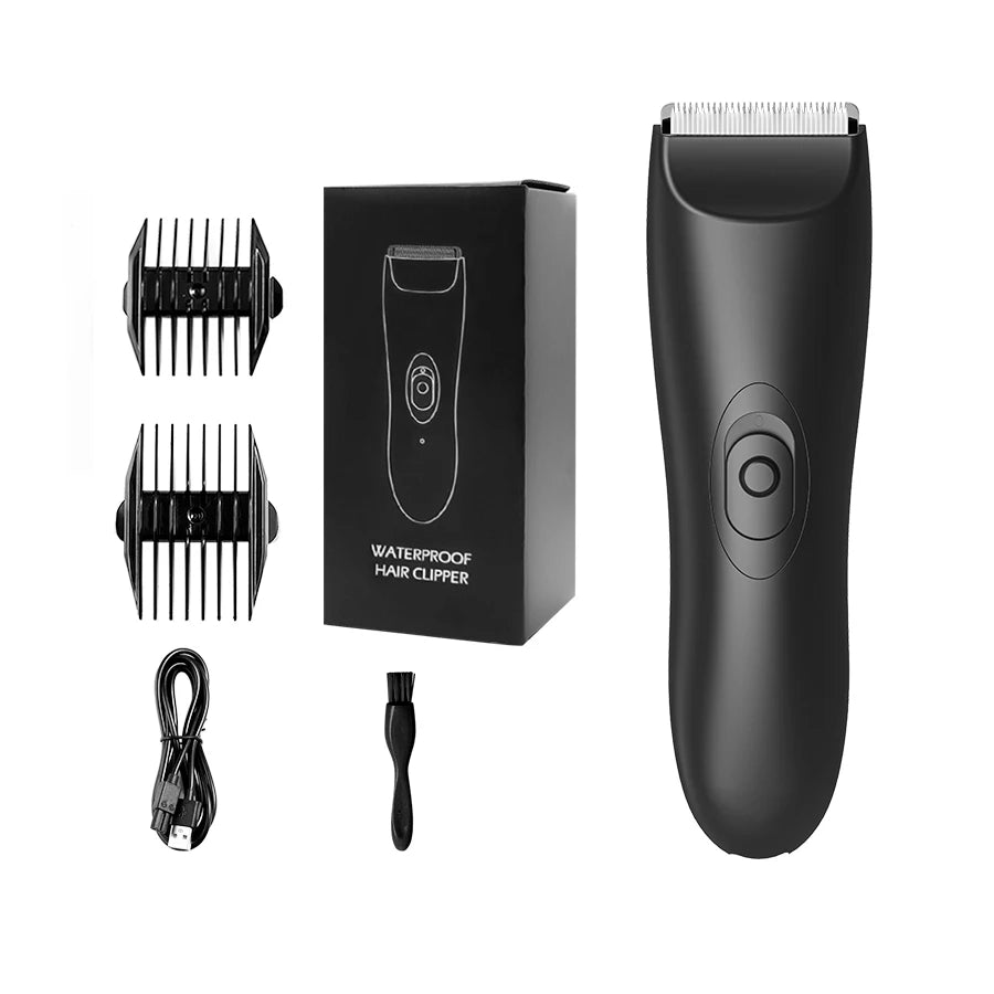 A black professional body and personal hair clipper with a guard and detachable trimmer head.