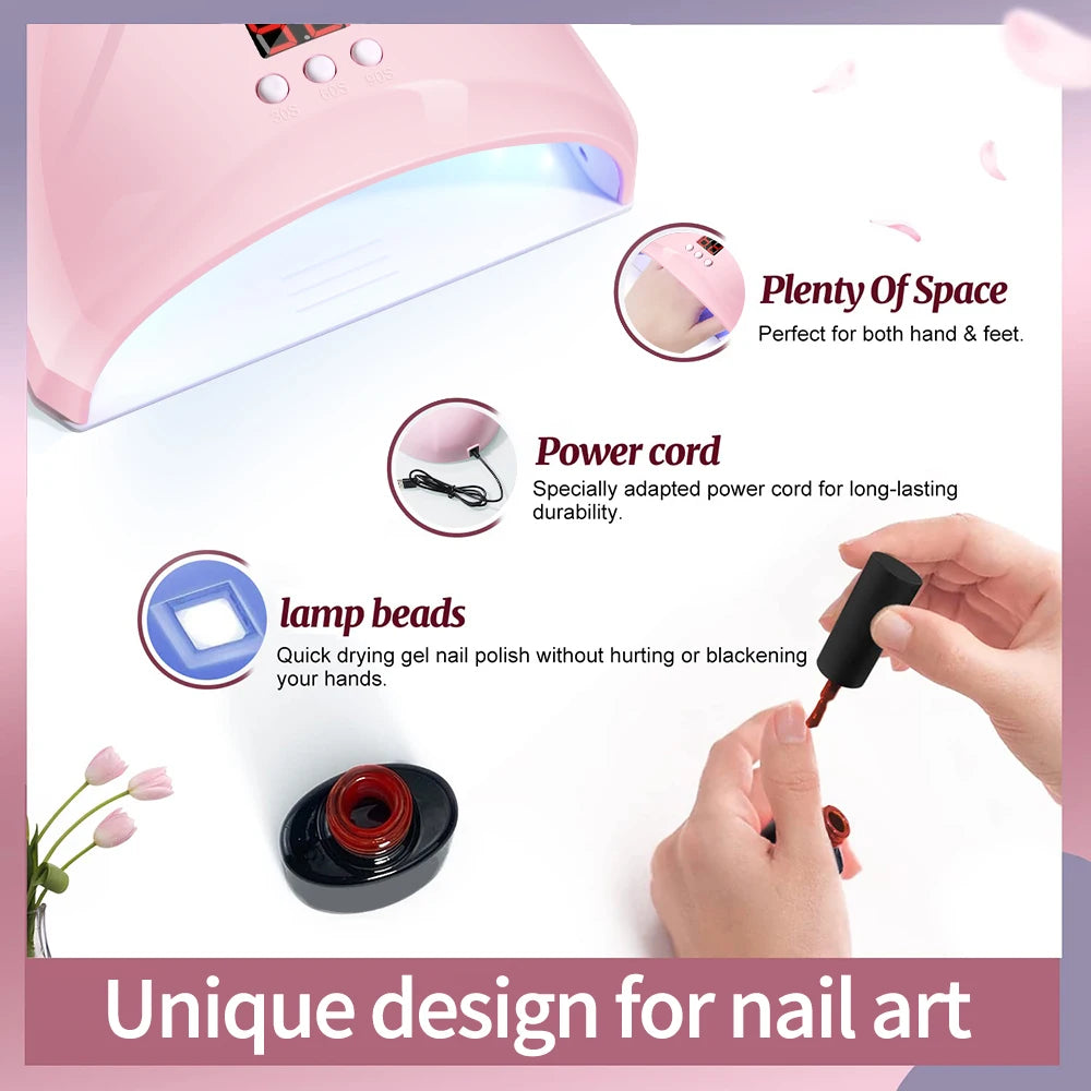 A pink professional UV/LED nail curing lamp with lamp beads and a power cord shown for nail art.