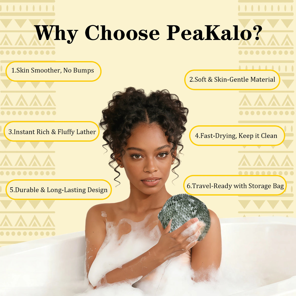 A woman is shown in a bathtub with foam, holding a green exfoliating loofah sponge.
