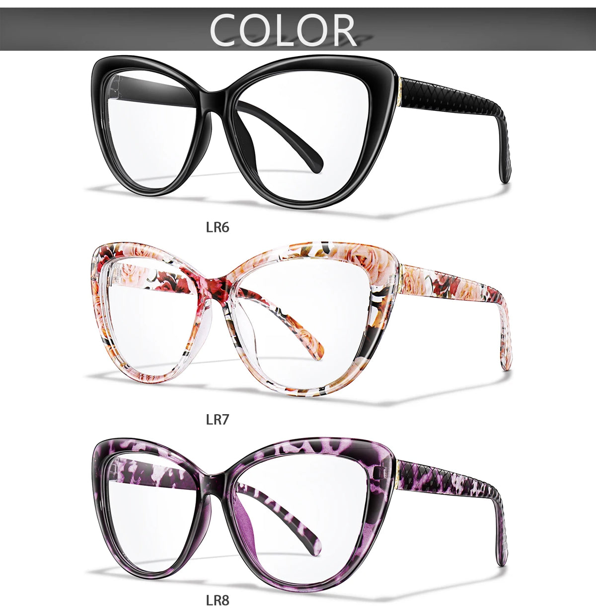 A display of three pairs of clear cateye reading glasses in black, pink floral pattern, and purple leopard print.