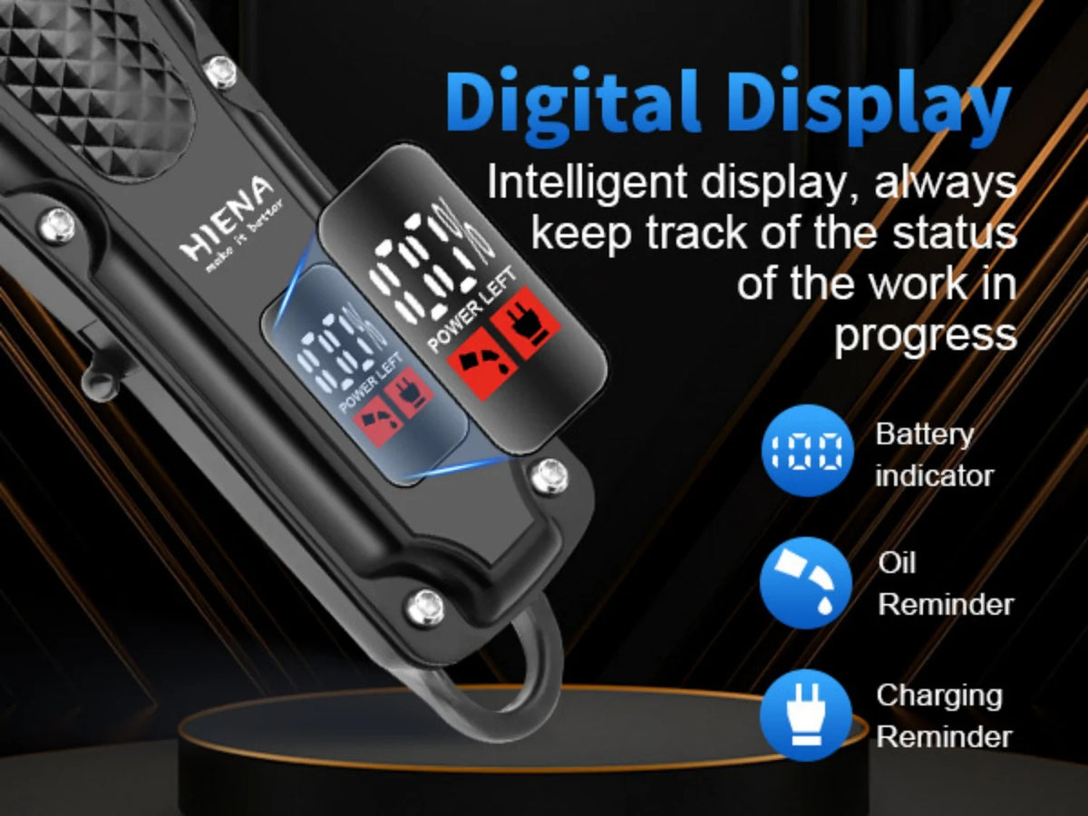 A close-up of a professional cordless hair clipper showing a digital display with battery, oil, and charging reminders.