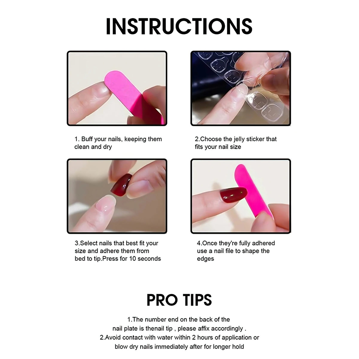 Instructions for applying white French style press-on nails in a coffin shape.