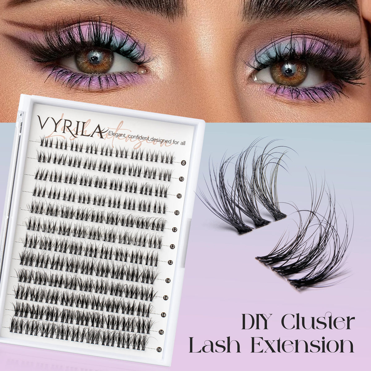 Close-up of a lash extension kit showing various styles and clusters for DIY lash extension