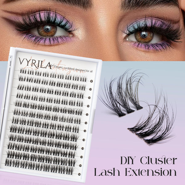 Gros plan d'un kit de extensions de cils montrant divers styles et grappes pour extensions de cils DIY