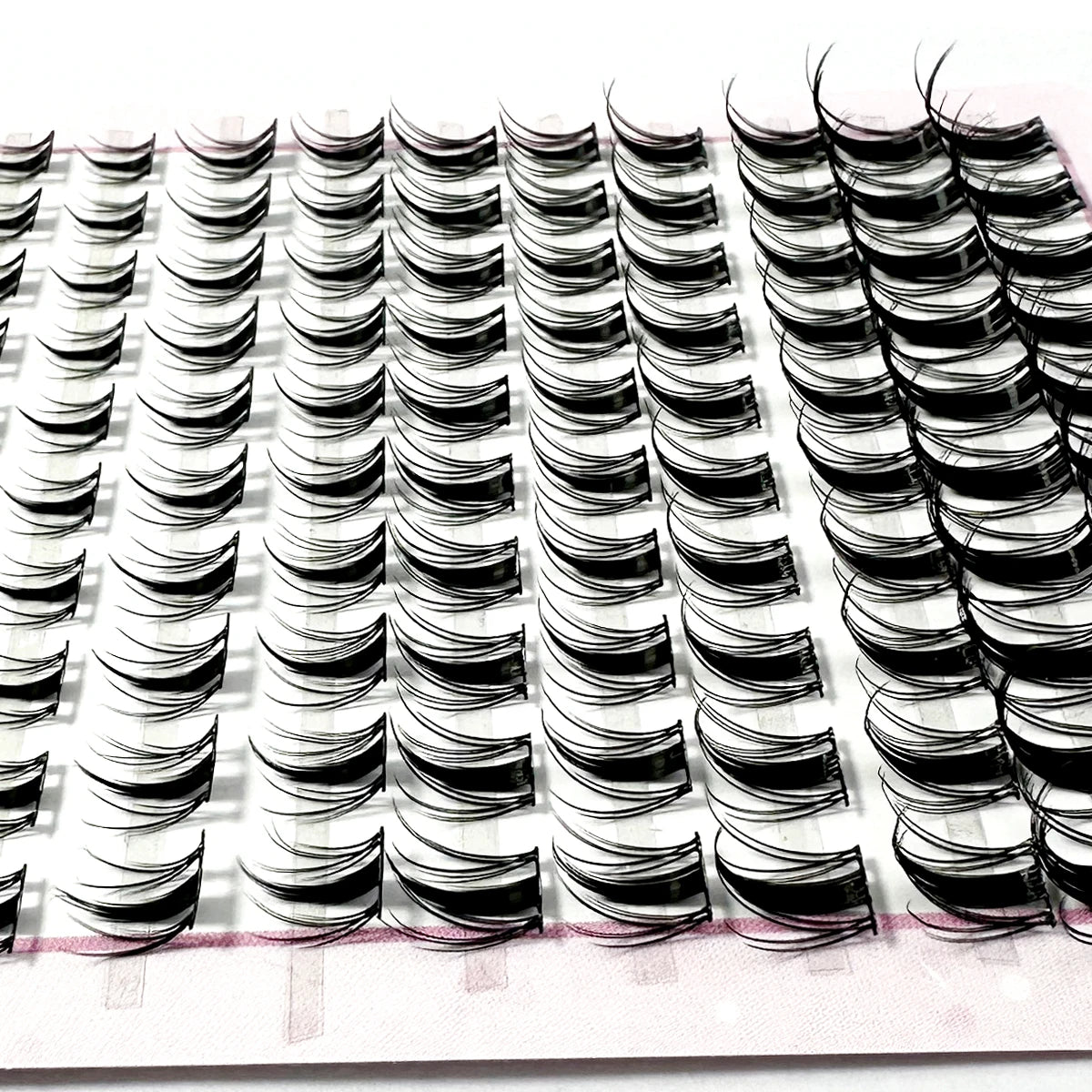 Primer plano de voluminosas agrupaciones de pestañas de manga dispuestas en filas sobre una superficie blanca.