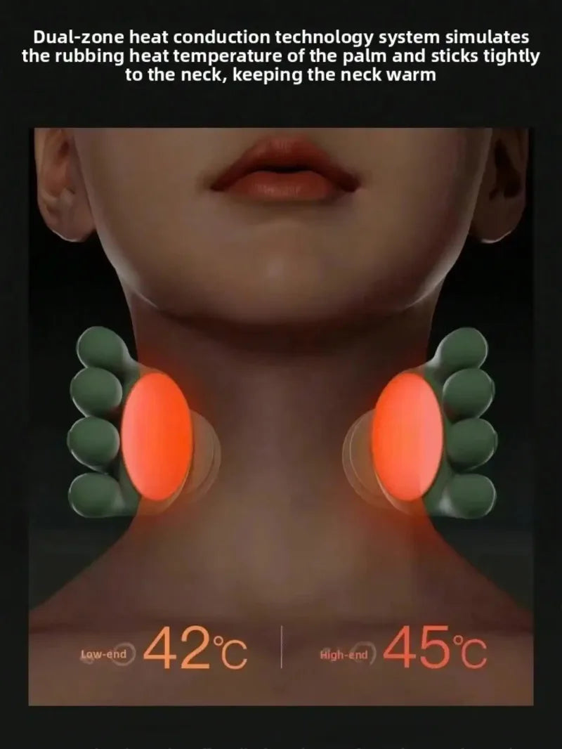 Close-up of a person's neck showing the dual-zone heat conduction technology system with temperature indicators.