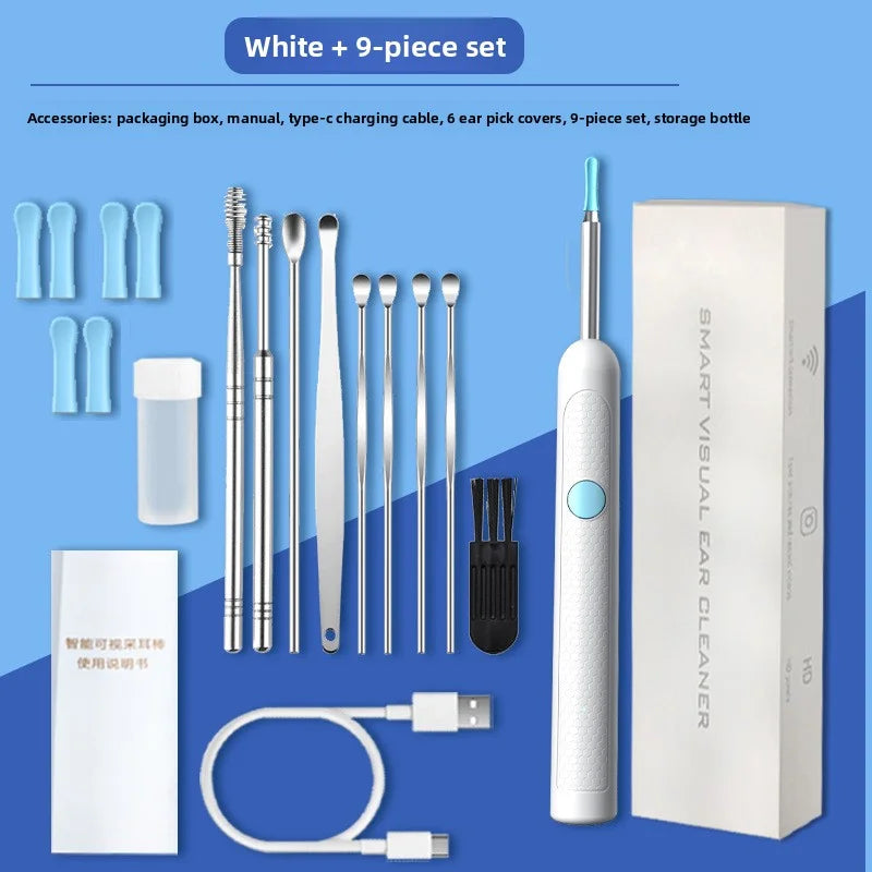 White 9-piece set for ear cleaning including a packaging box manual charging cable and storage bottle