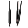 A black adjustable flat iron with a rose gold accent is shown vertically.