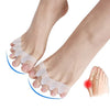 Soft gel toe separators applied to the feet, showing their use for bunion relief and toe straightening.