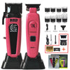 A pink cordless brushless hair trimmer kit with various attachments and accessories shown on a black base.