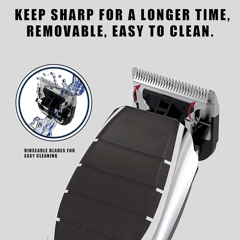 Close-up view of a hair clipper blade assembly with a removable, sharp replacement blade.