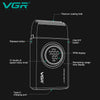 A VGR Voyager electric foil shaver trimmer showing various features like a release button, RPM display, and Type-C charging p