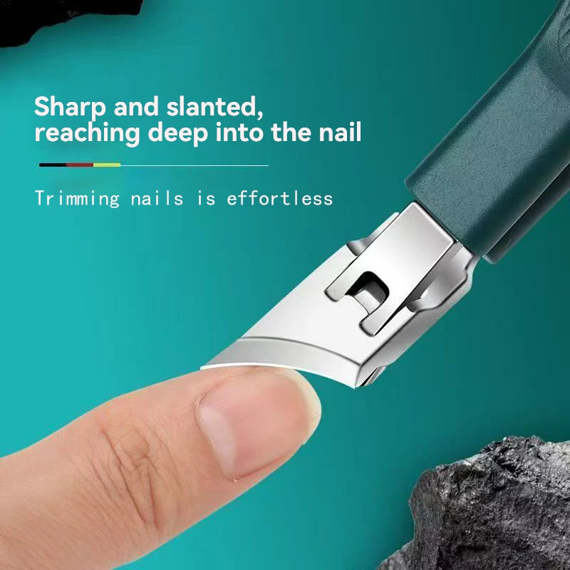 A hand is using a professional stainless steel nail clipper to trim a nail, demonstrating its sharp and slanted design.