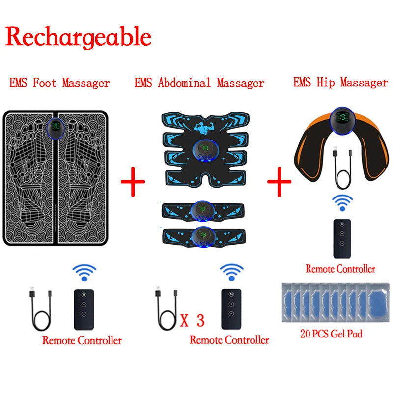 Set of rechargeable EMS foot, abdominal, and hip massagers with remote controllers and gel pads
