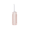 A pink portable cordless oral irrigator with a long nozzle and several control buttons.