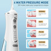 A white portable water flosser device with a control panel showing four pressure modes: Normal, Soft, Pulse, and Custom.