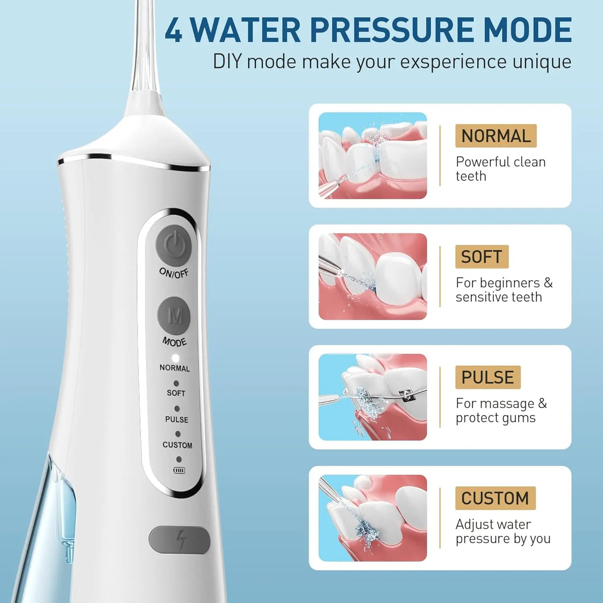 Weißer tragbarer Wasserflosser mit Bedienfeld für vier Druckmodi: Normal, Soft, Puls und Custom.