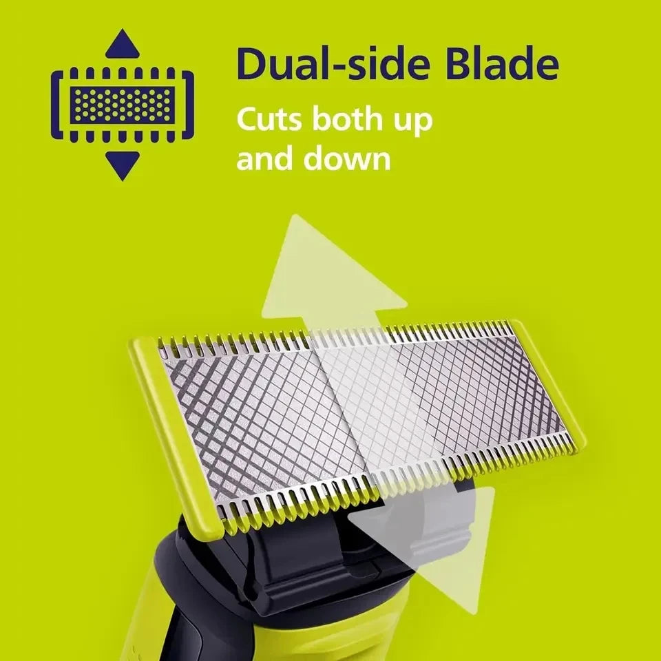 A close-up of a dual-side blade attachment for an electric trimmer, showing the cutting teeth and a yellow handle.