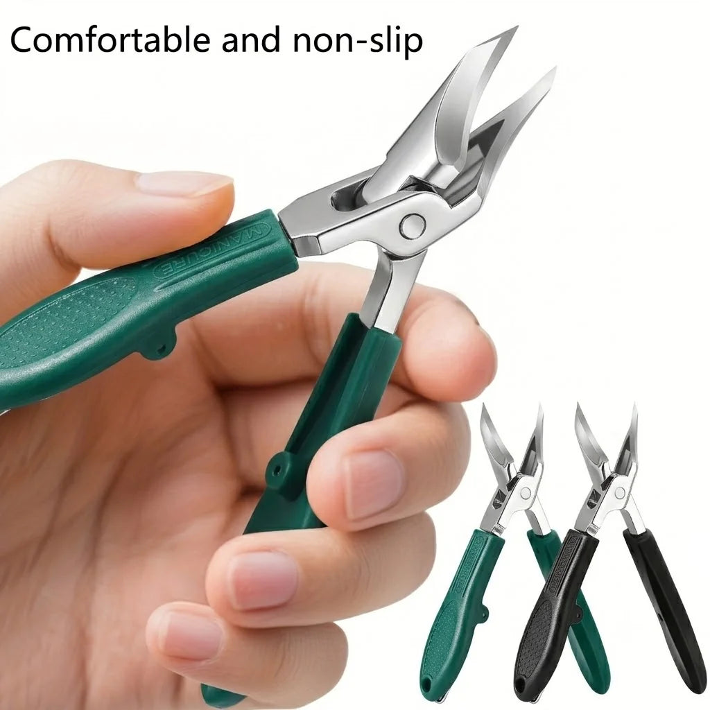 A hand holds a pair of green and silver nail clippers, demonstrating a comfortable and non-slip grip.