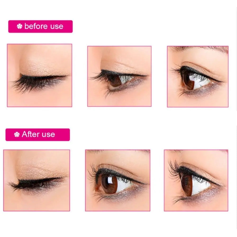 Before and after comparison showing the effect of a stainless steel eyelash curler on eyelashes.