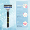 A black multi-blade safety razor with a silver handle and three different blade attachments shown next to usage instructions.