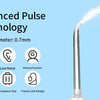 A close-up of a silver water flosser with a 0.7mm nozzle, surrounded by icons detailing advanced pulse technology features.