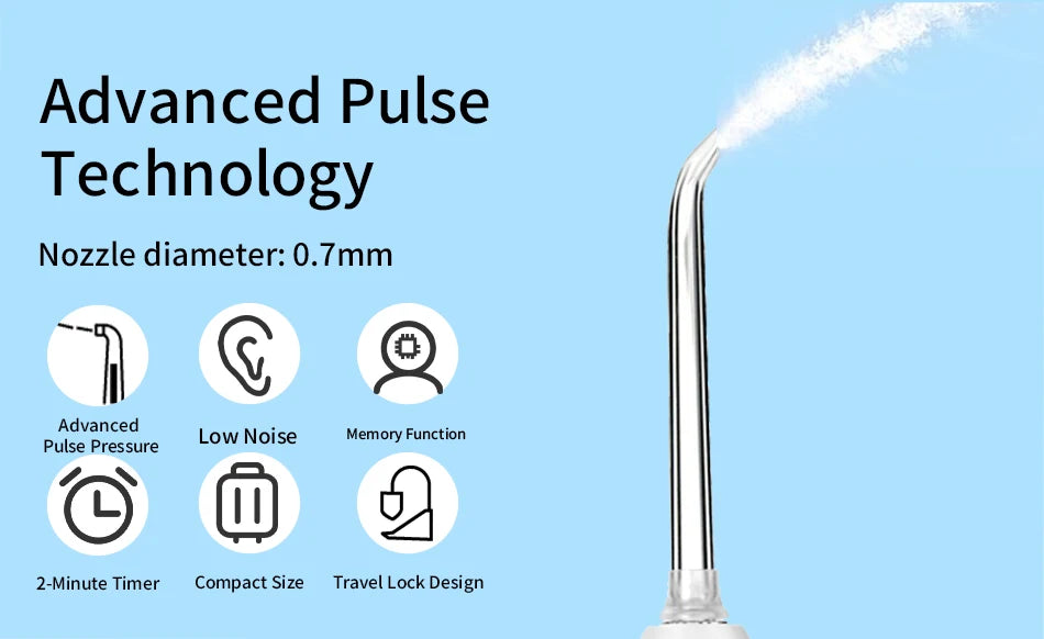 A close-up of a silver water flosser with a 0.7mm nozzle, surrounded by icons detailing advanced pulse technology features.