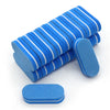 A stack of blue and white striped nail buffing blocks and a single blue oval block.