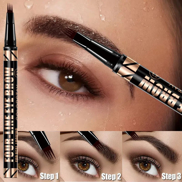 Close-up of an eyebrow pencil demonstrating three steps for applying four fine brow lines on the eye.